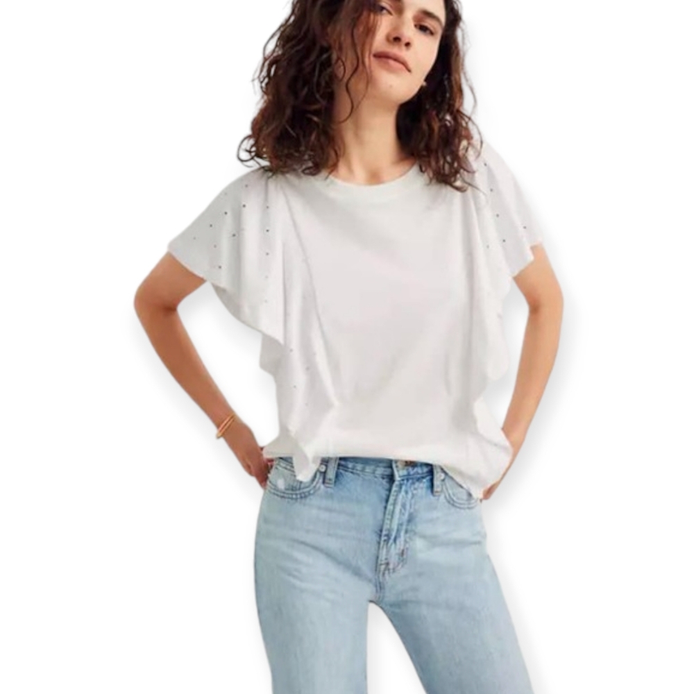 Madewell Texture & Thread Cotton White Knit Holepunch Eyelet Flutter Top
